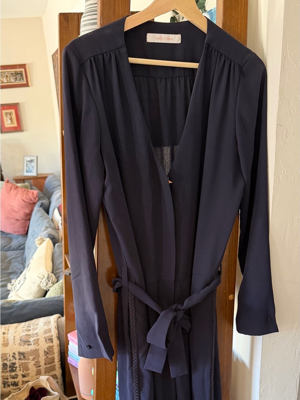 See By Chloé Navy Long Sleeve Wrap Robe